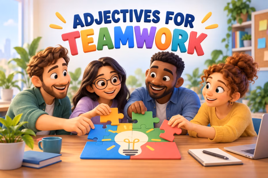 Playful 3D animated coworkers assembling puzzle pieces beneath the words Adjectives for Teamwork