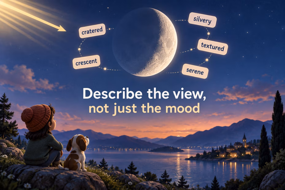 A crescent Moon hangs above a twilight lake as a viewer and dog look on; word tags label it cratered, silvery, crescent, textured, and serene.
