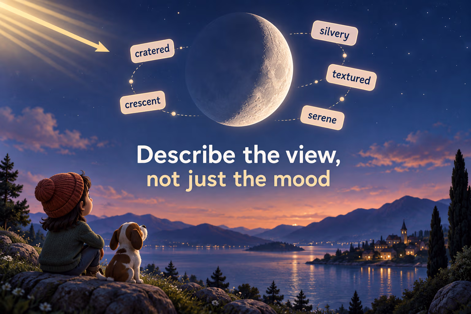 A crescent Moon hangs above a twilight lake as a viewer and dog look on; word tags label it cratered, silvery, crescent, textured, and serene.