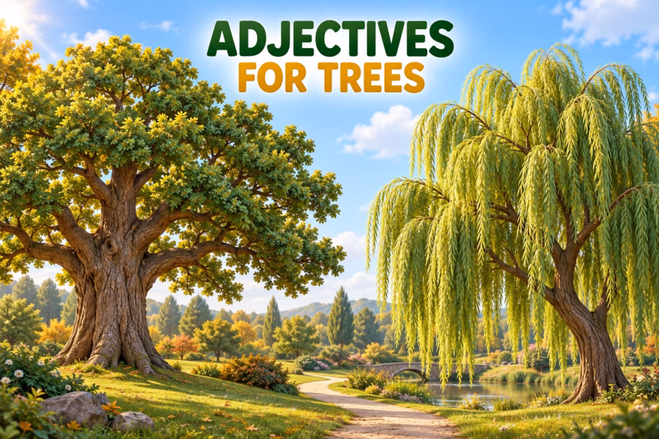 A polished 3D animated illustration shows a towering oak and a graceful willow beneath the title Adjectives for Trees.