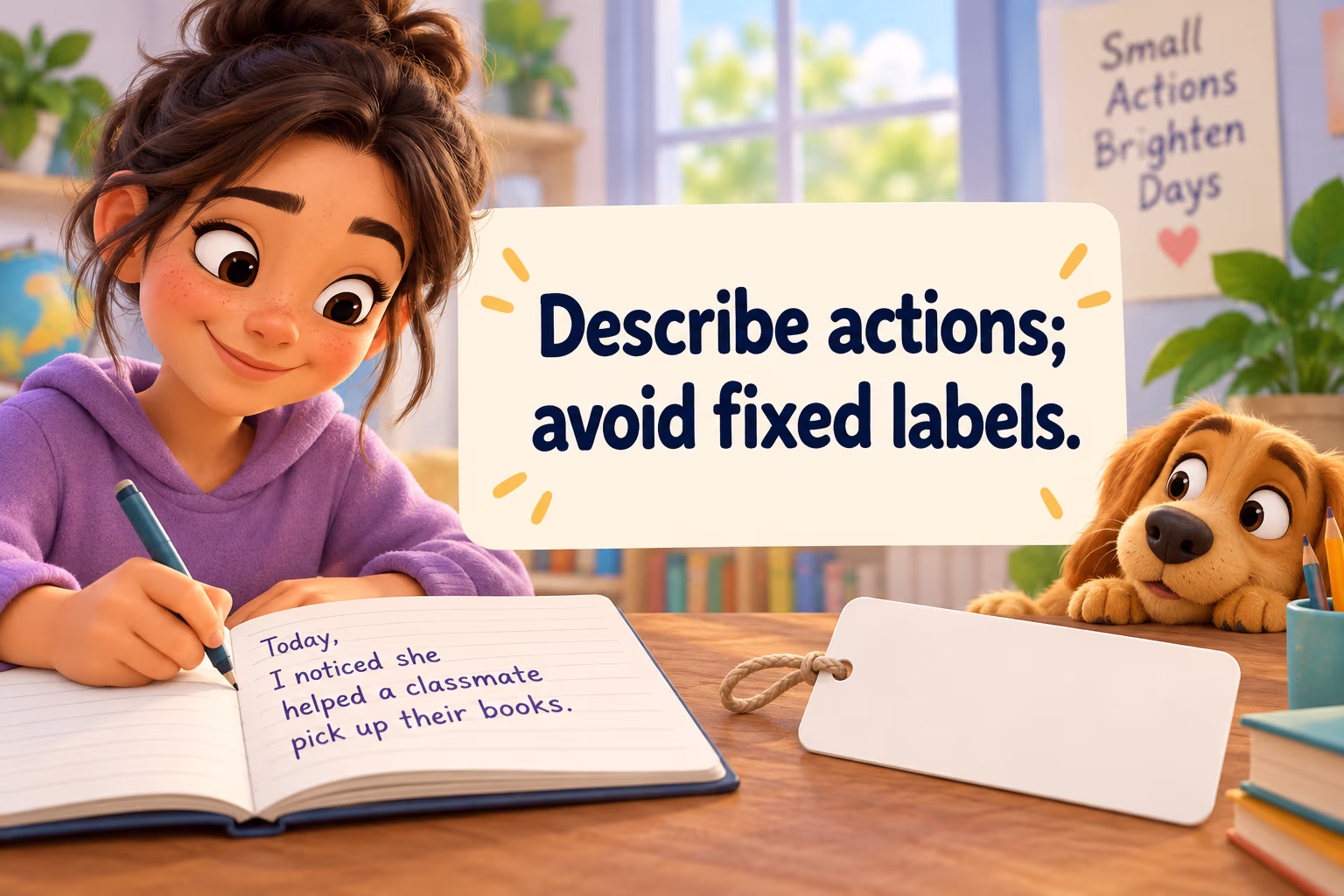 Person writes an observation and sets aside a blank label. Describe actions; avoid fixed labels.