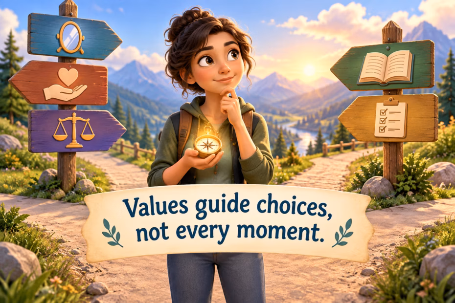 Friendly learner considering a choice at a crossroads. Values guide choices, not every moment.