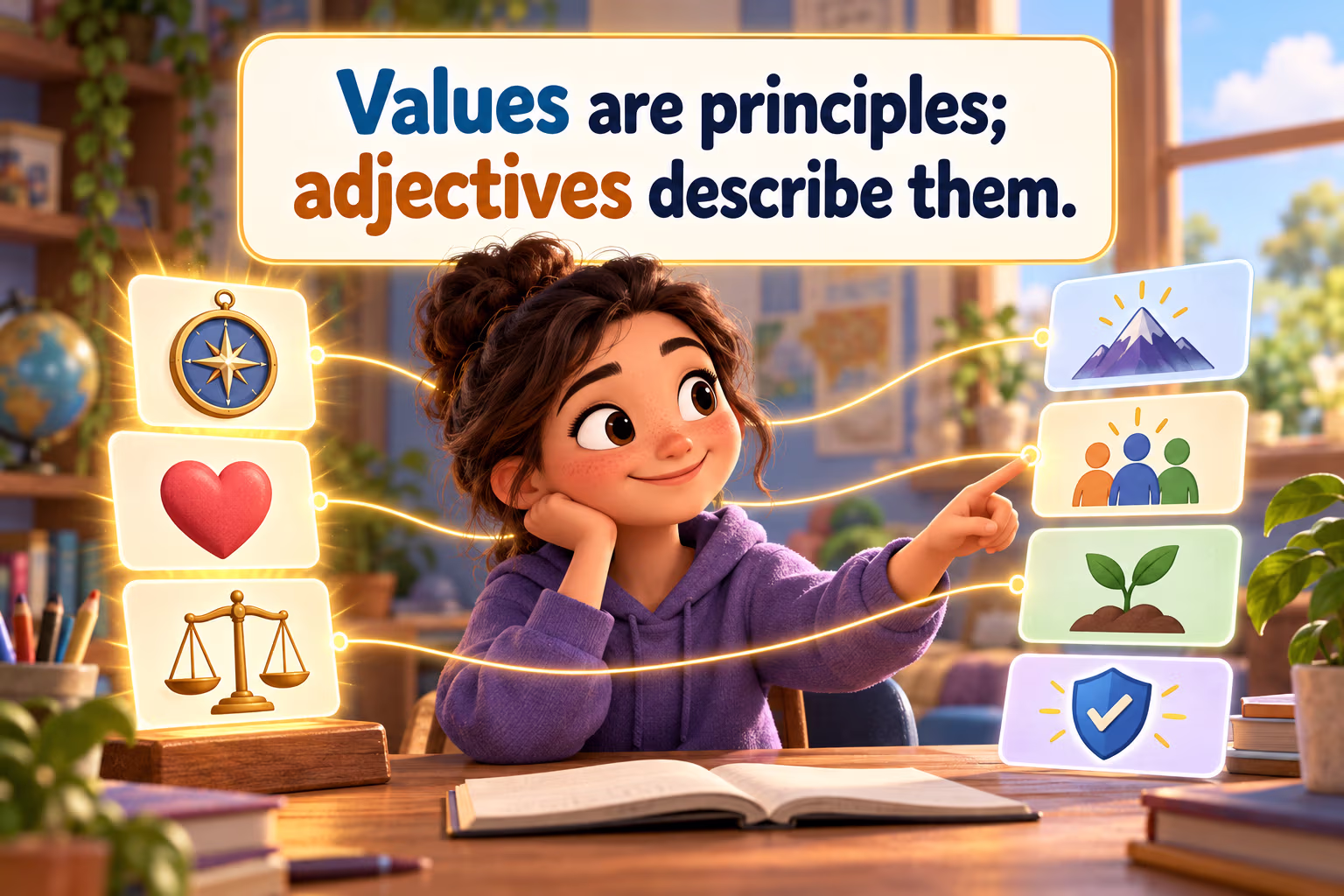 Learner connects compass, heart, and fairness symbols to word cards. Values are principles; adjectives describe them.