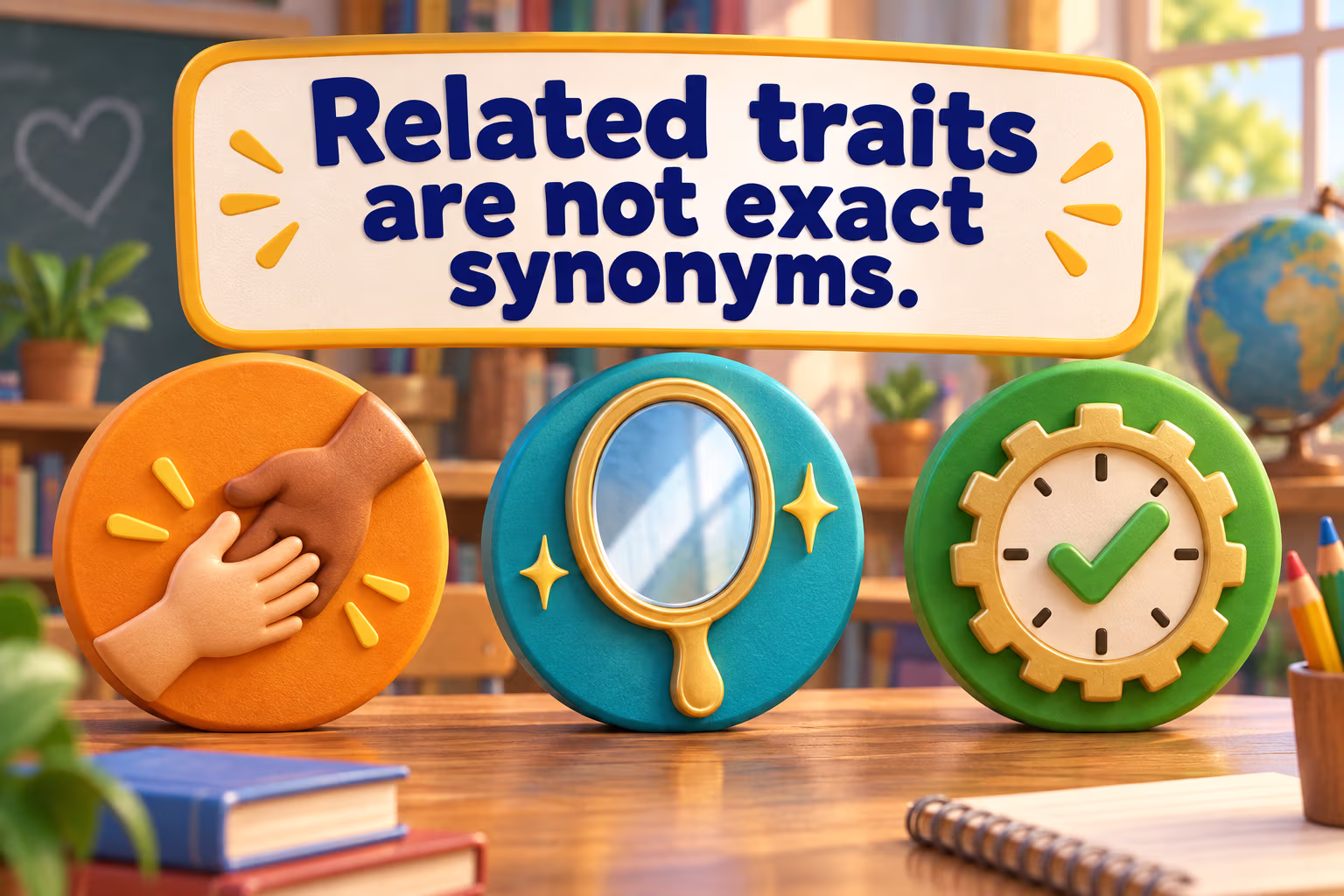 Distinct tokens represent kindness, honesty, and reliability. Related traits are not exact synonyms.