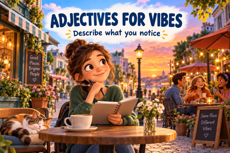 A cartoon writer observes a calm café cat and a lively evening street under the words adjectives for vibes.