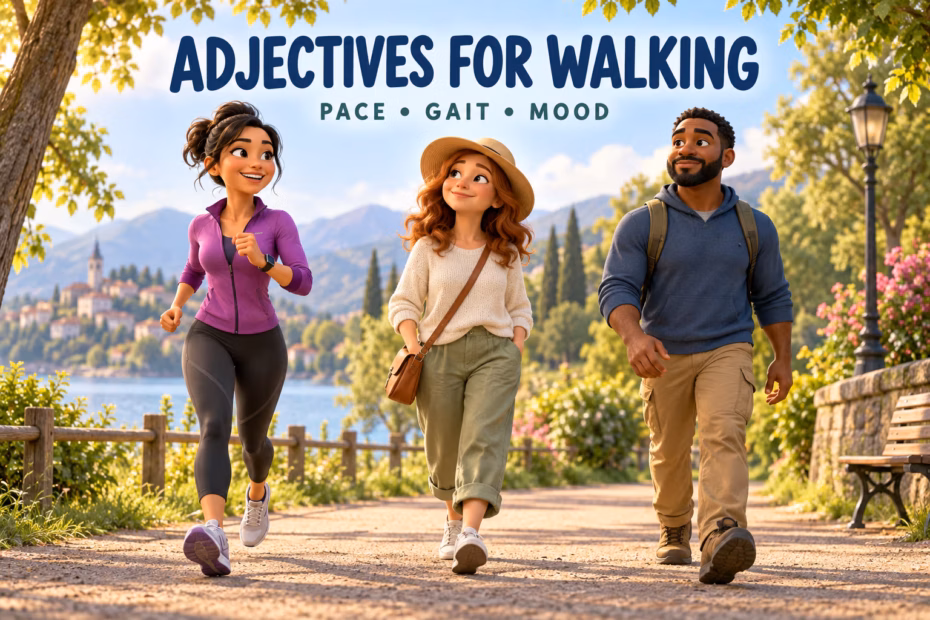 Three animated adult walkers illustrate brisk, leisurely, and steady walking on a park path beneath the Adjectives for Walking title.