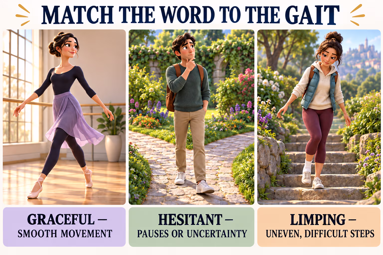 Animated examples show graceful smooth movement, a hesitant pause, and a limping gait with uneven steps.