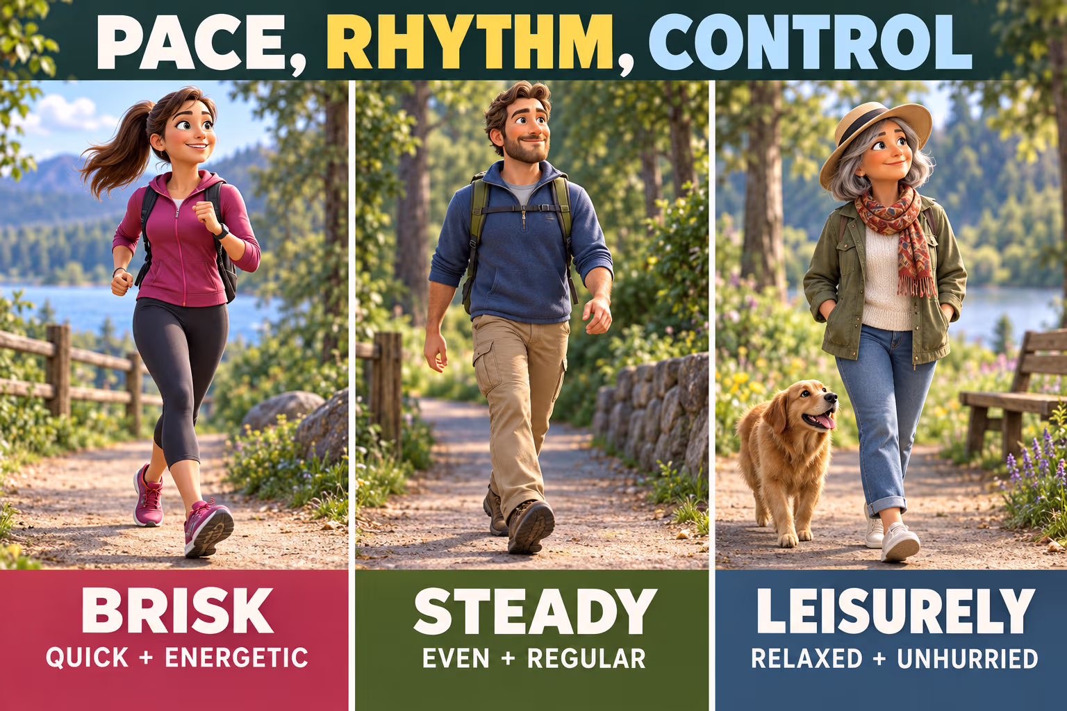Three animated walkers illustrate a brisk, quick pace, a steady even rhythm, and a leisurely unhurried stroll.