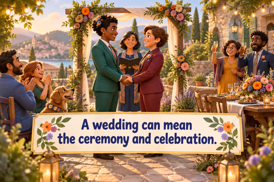 A wedding can mean the ceremony and celebration. Partners greet guests under a garden arch beside a reception table.