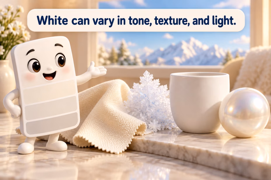 White can vary in tone, texture, and light. Playful 3D illustration compares ivory, snowy white, fabric texture, and pearly sheen.