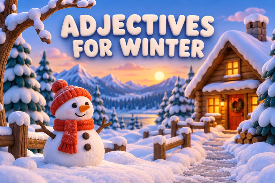 Cartoon 3D snowy winter village with a snowman, pine trees, a cabin, a red scarf, and the title Adjectives for Winter.