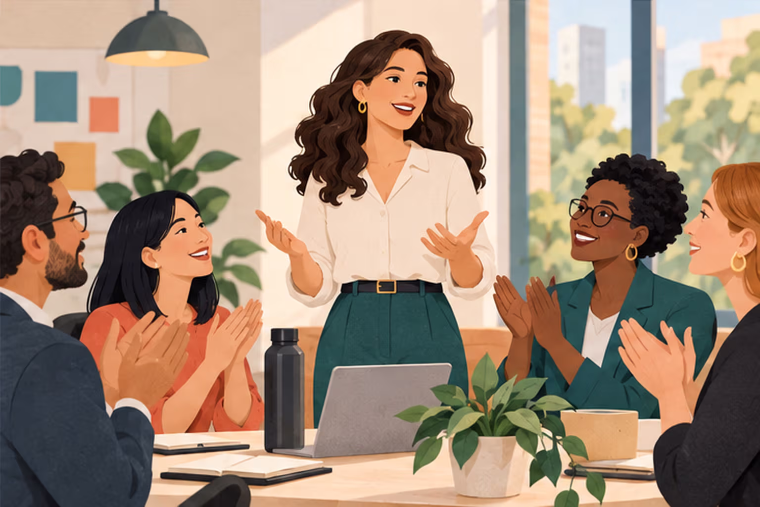 A woman speaking at a workplace meeting as colleagues listen.