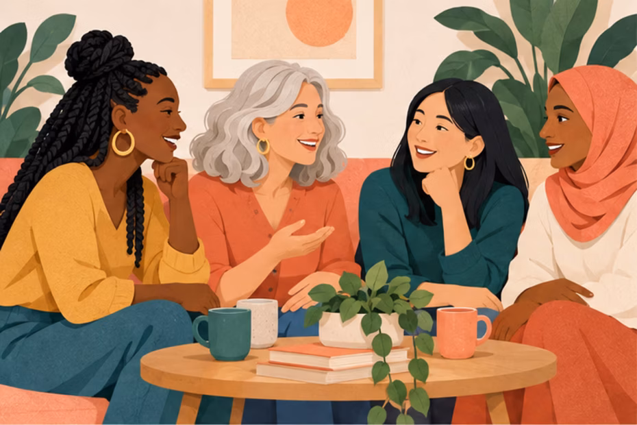 A diverse group of women talking together around a table.