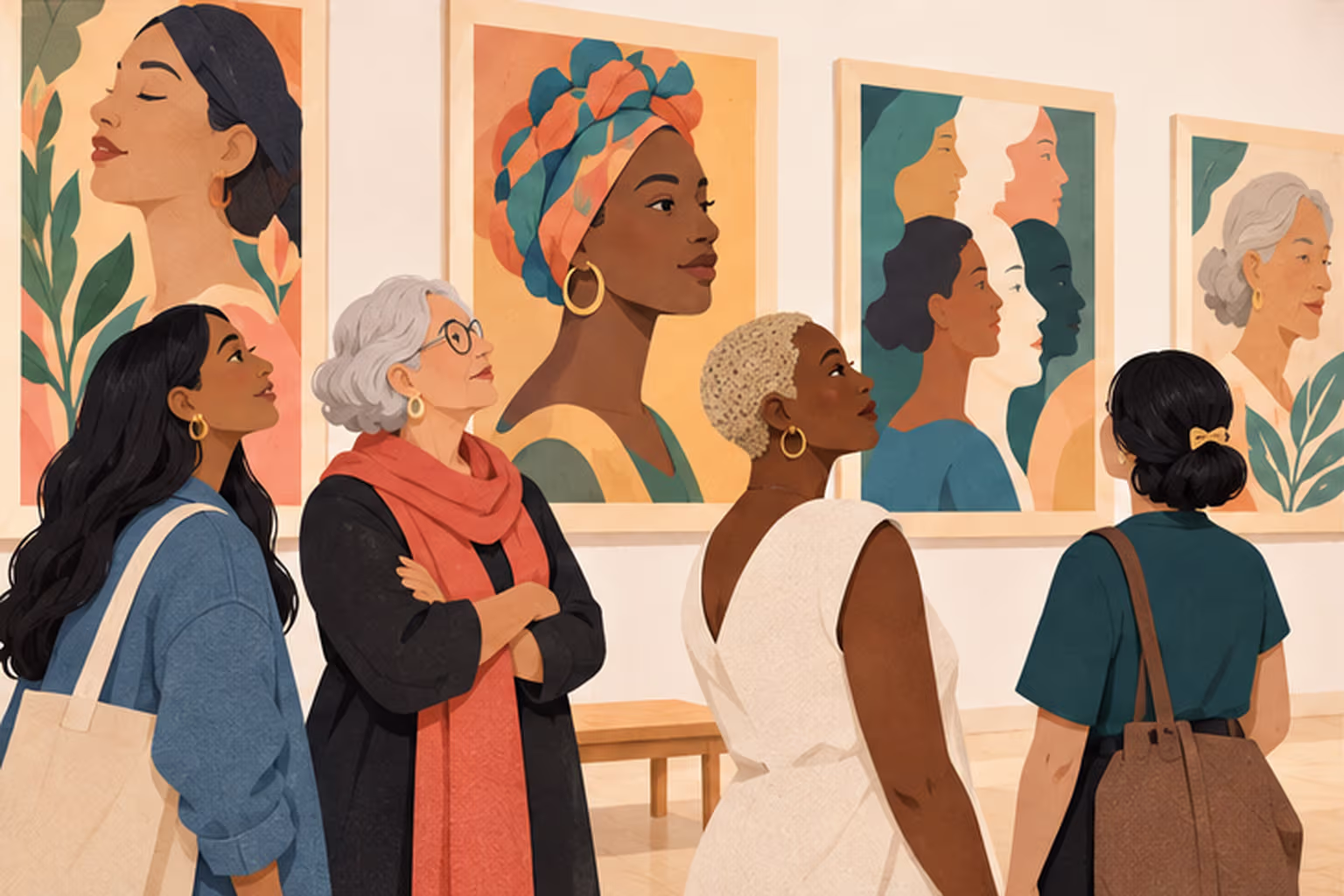 Women of different ages and backgrounds viewing portraits in a gallery.