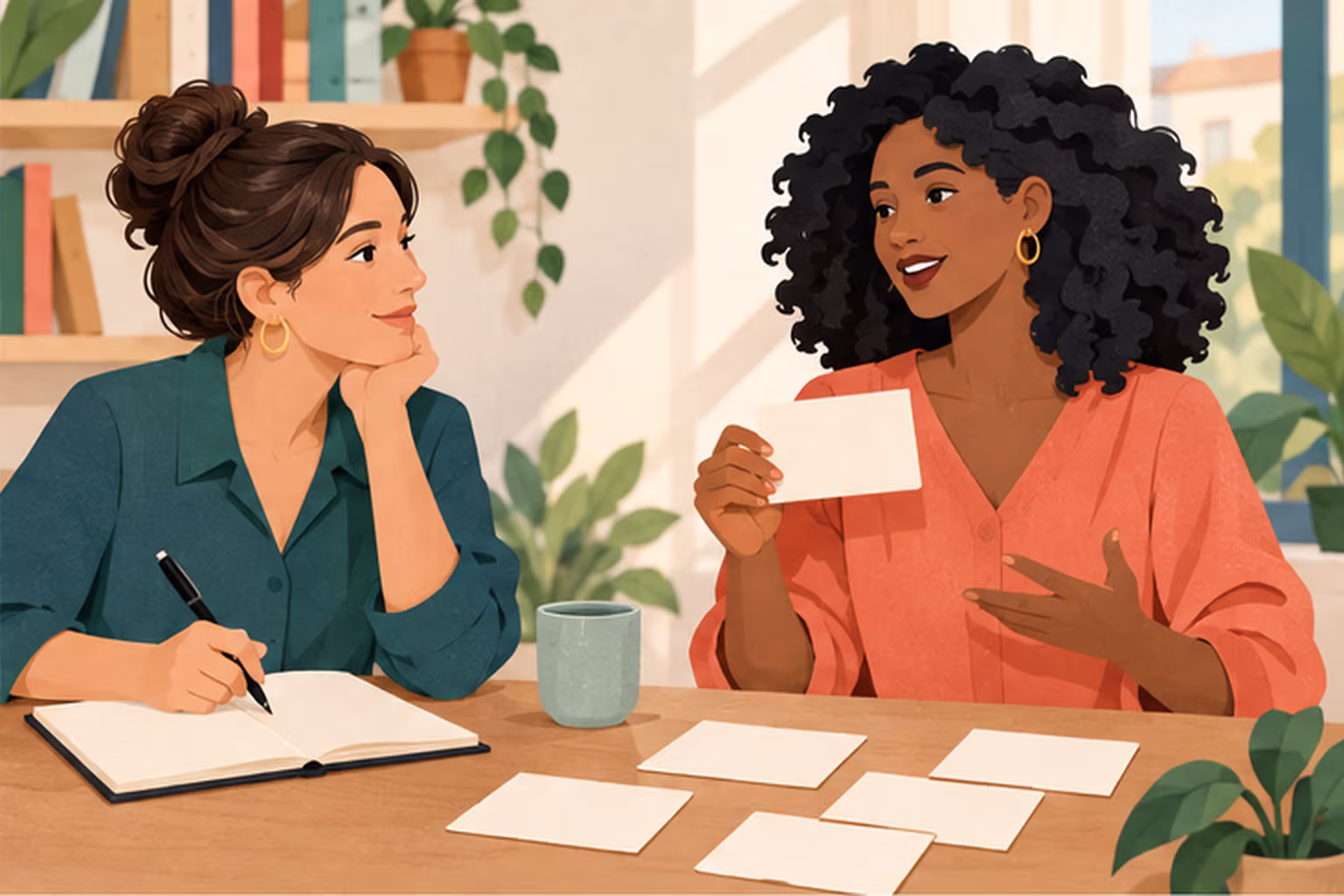 A woman sharing her preferred descriptive words with a listening writer.