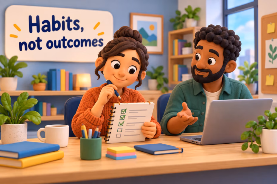 A worker checks a task list with a teammate. Label: Habits, not outcomes.