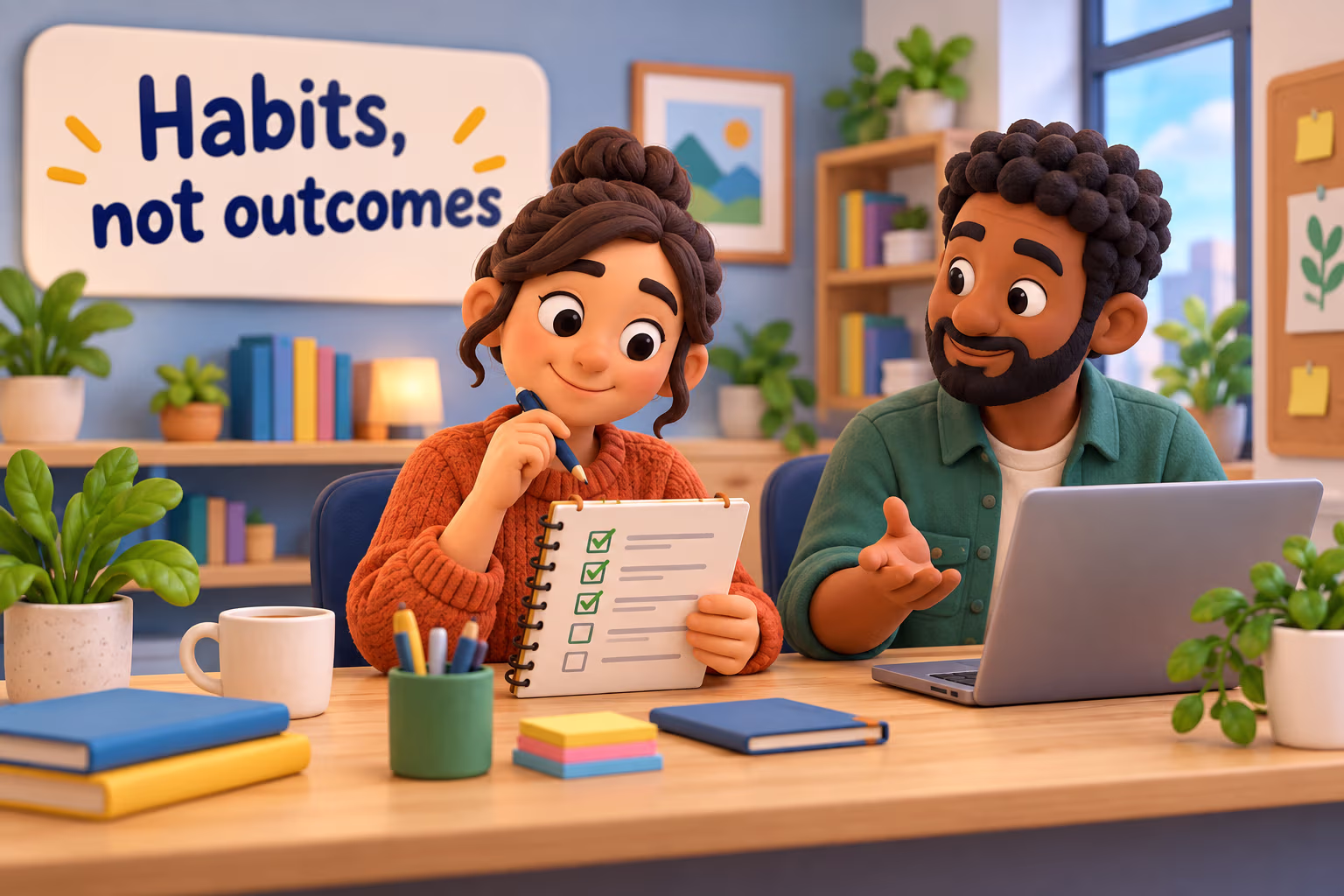 A worker checks a task list with a teammate. Label: Habits, not outcomes.