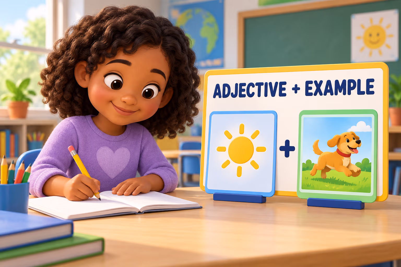A child writes in a notebook beside picture cards under the heading Adjective plus Example.