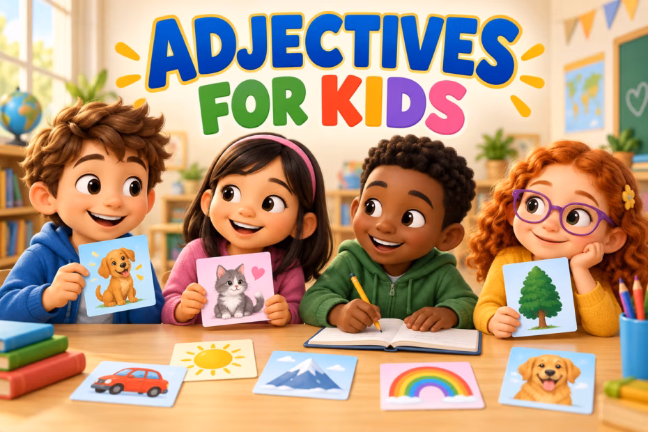 Four children reading and writing together below the heading Adjectives for Kids.