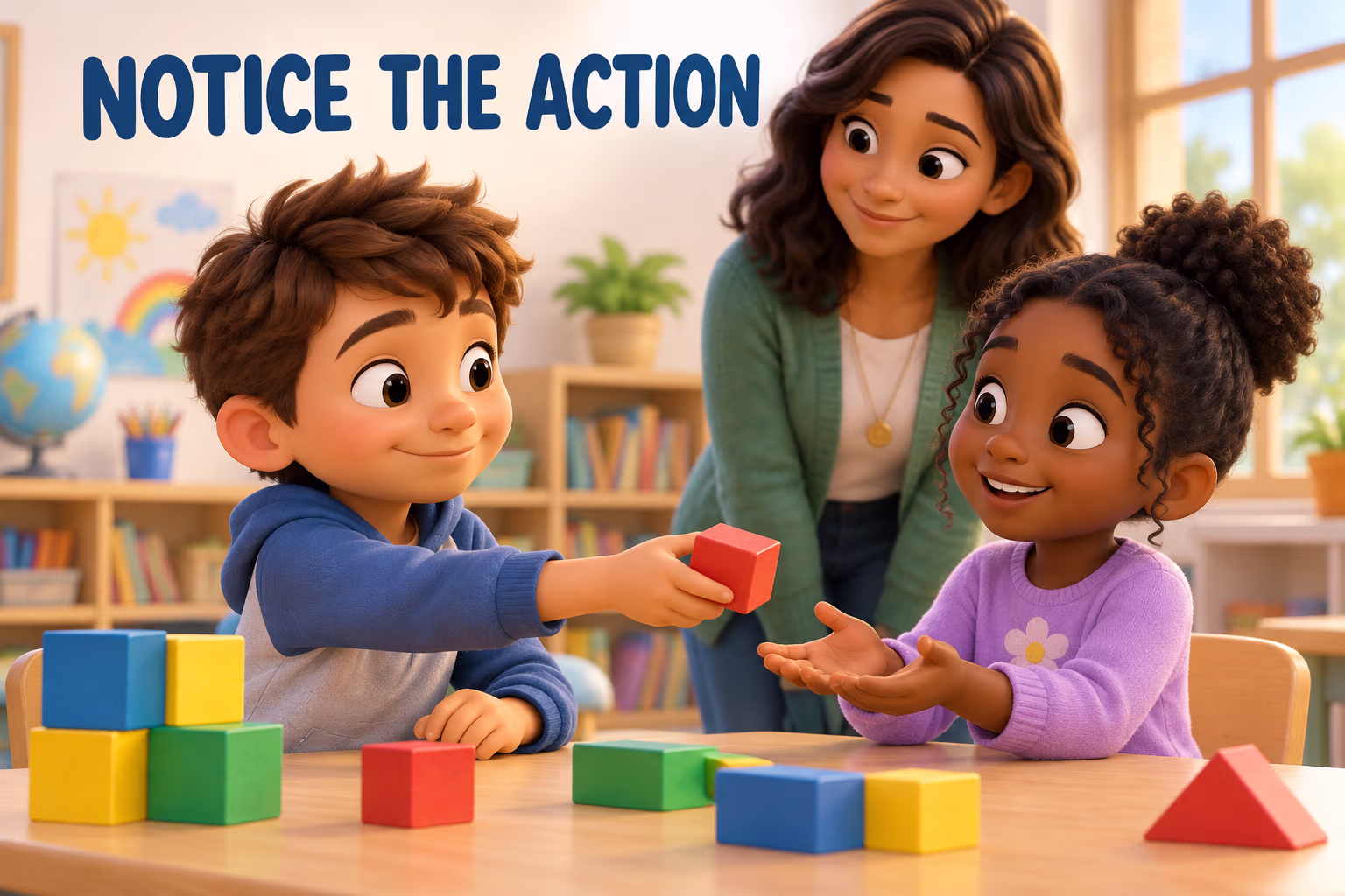 Friendly 3D animated teacher observes two children sharing blocks beneath the words Notice the Action.