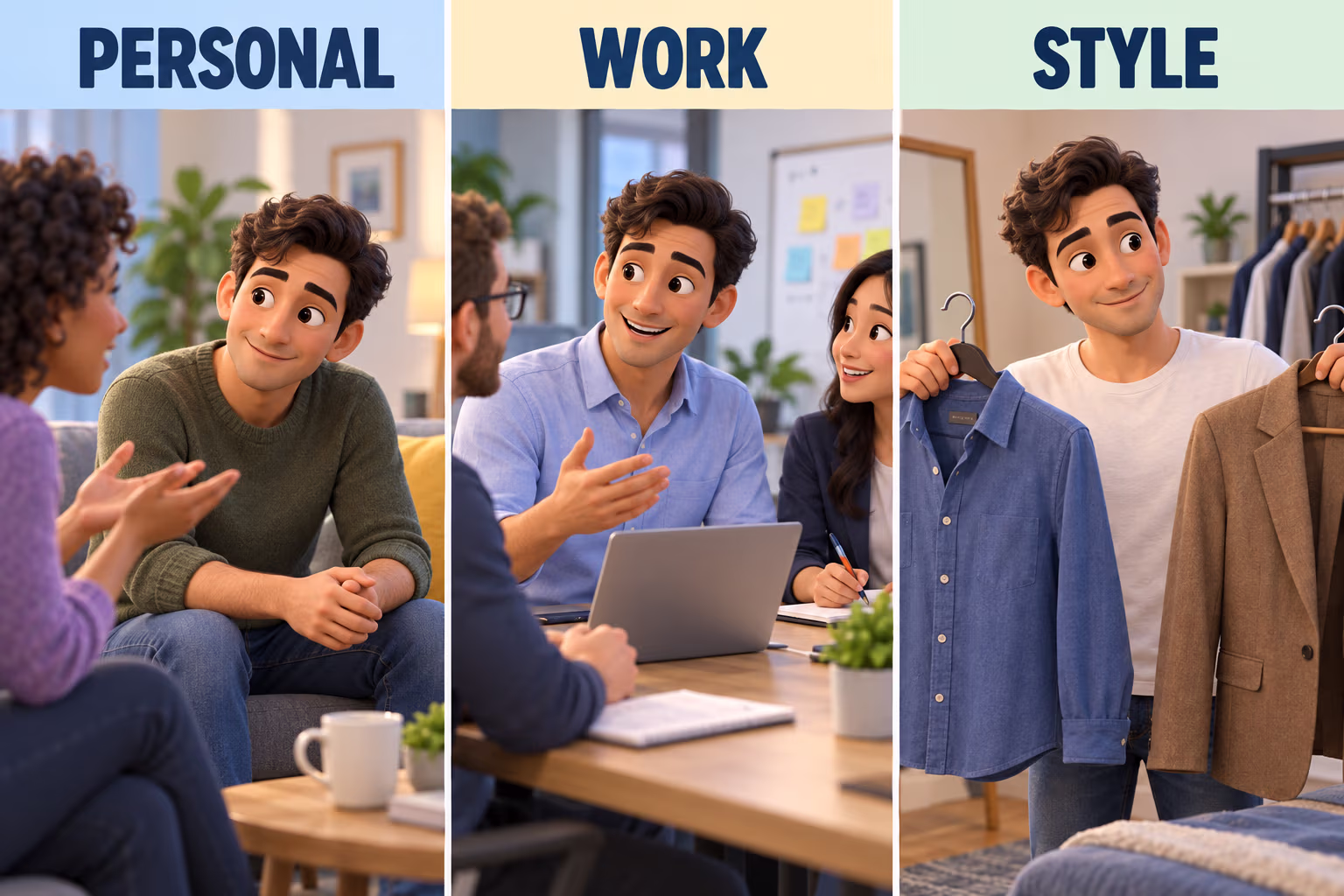 A friendly animated character compares kind, skilled, and funny labels with examples from everyday actions