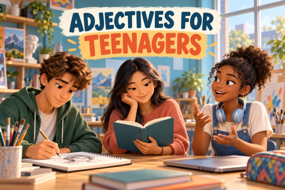 Illustration of three teenagers reading, drawing, and sharing ideas beneath the title Adjectives for Teenagers.