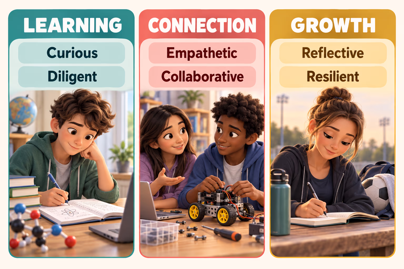 Illustrated guide grouping teenager adjectives into learning (curious, diligent), connection (empathetic, collaborative), and growth (reflective, resilient)