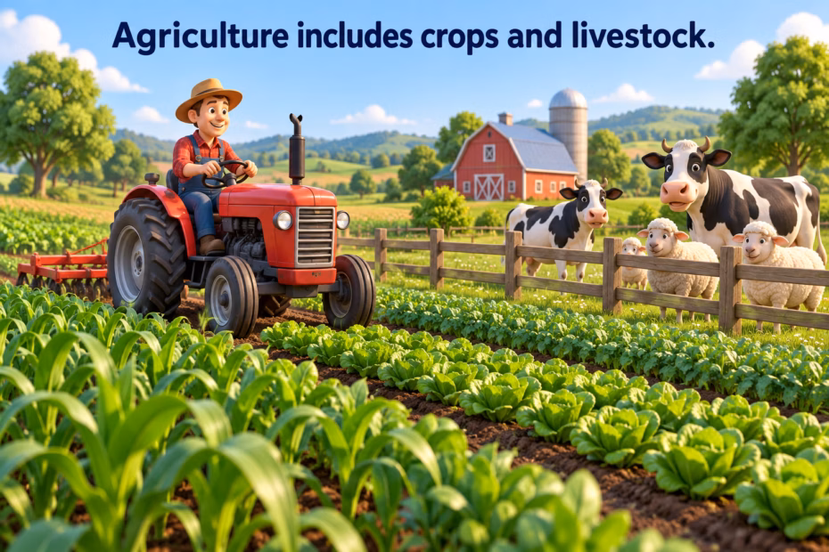 Farm crops and livestock illustrate two common parts of agriculture.