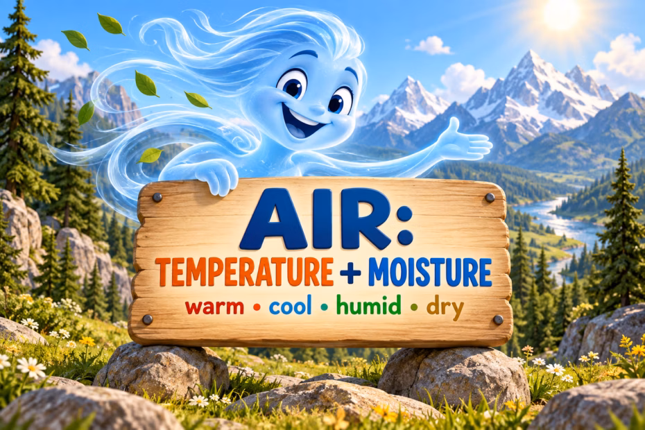 Air in a mountain valley. Text: Air: Temperature + Moisture; warm, cool, humid, dry.