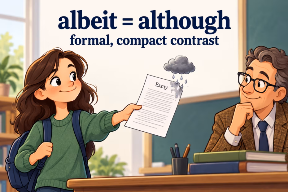 A student presents an essay despite a small rain cloud. Text: “albeit = although; formal, compact contrast.”