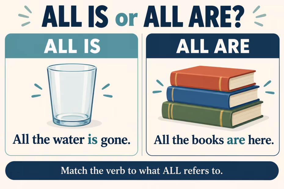 Two columns compare all is with a singular amount and all are with plural things