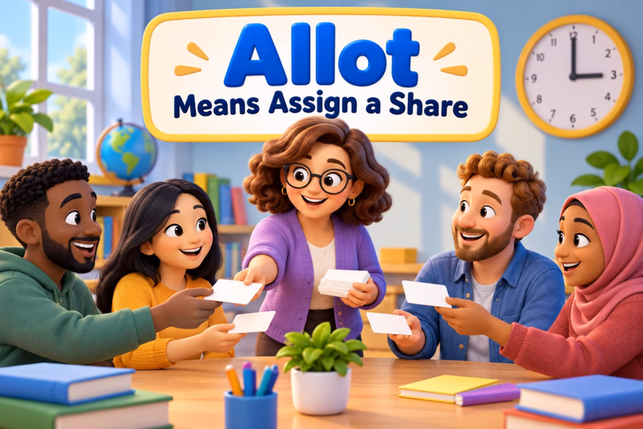 A teacher assigns time cards to participants, showing that allot means giving someone a share for a purpose.