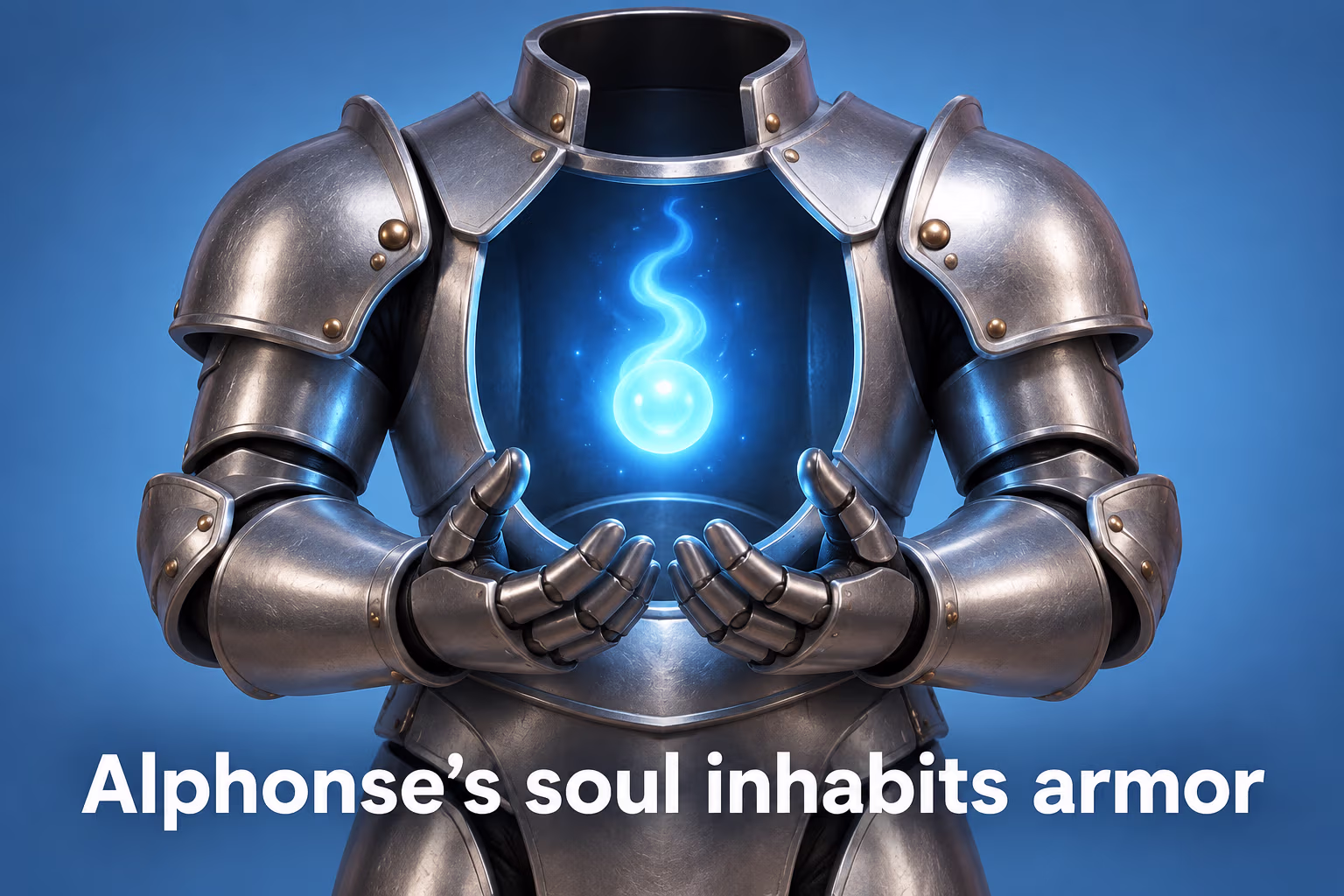 Generic empty armor contains a glowing soul-light. Text: Alphonse’s soul inhabits armor.