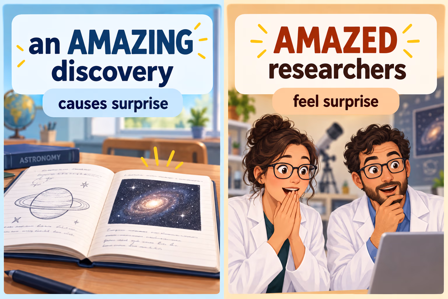 Grammar comparison: an amazing discovery causes surprise; the amazed researchers feel surprise.