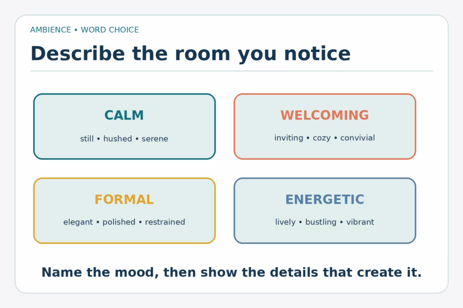 A word guide groups ambience adjectives into calm, welcoming, formal, and energetic moods.