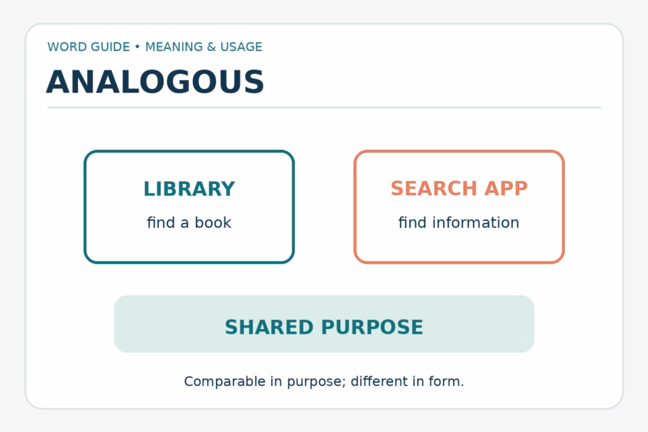 Word guide showing analogous means similar in one relevant way: a library and a search app are compared by shared purpose but have different forms.