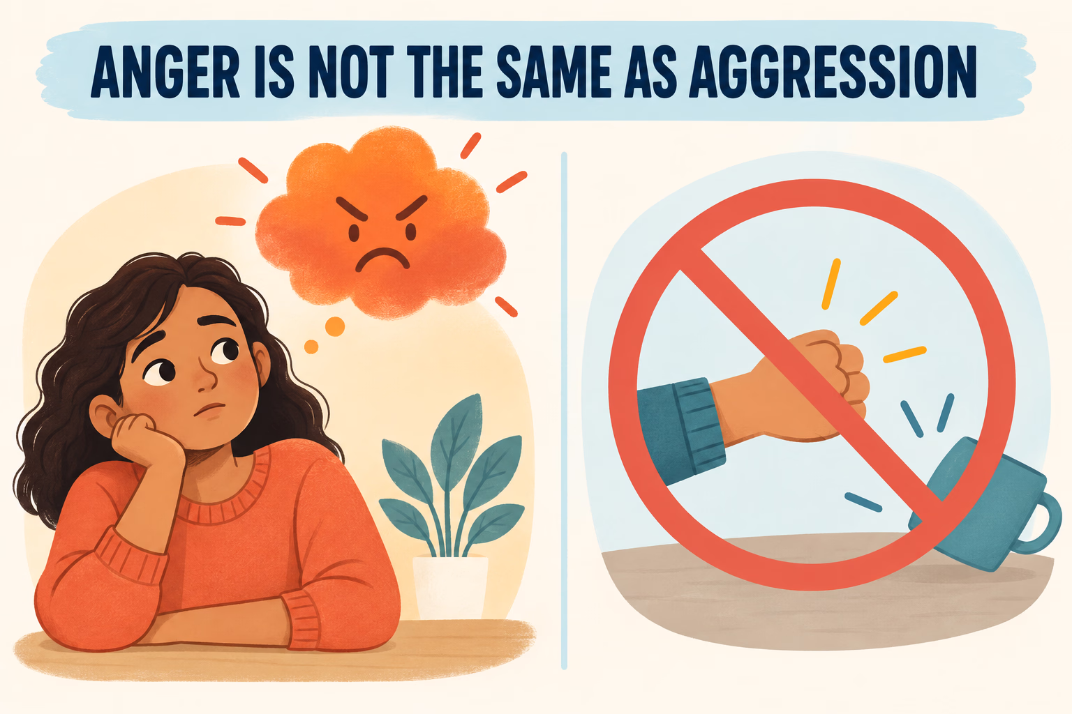 A person notices anger on one side of an illustration while harmful action is separately crossed out, showing anger is not the same as aggression.