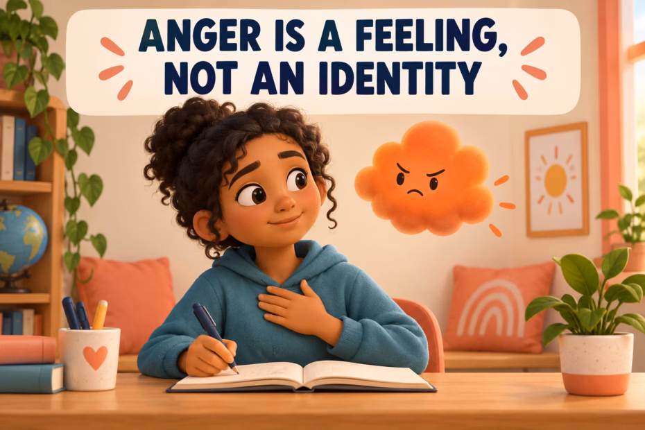 A person notices an orange feeling cloud while journaling, beneath the label Anger is a feeling, not an identity.