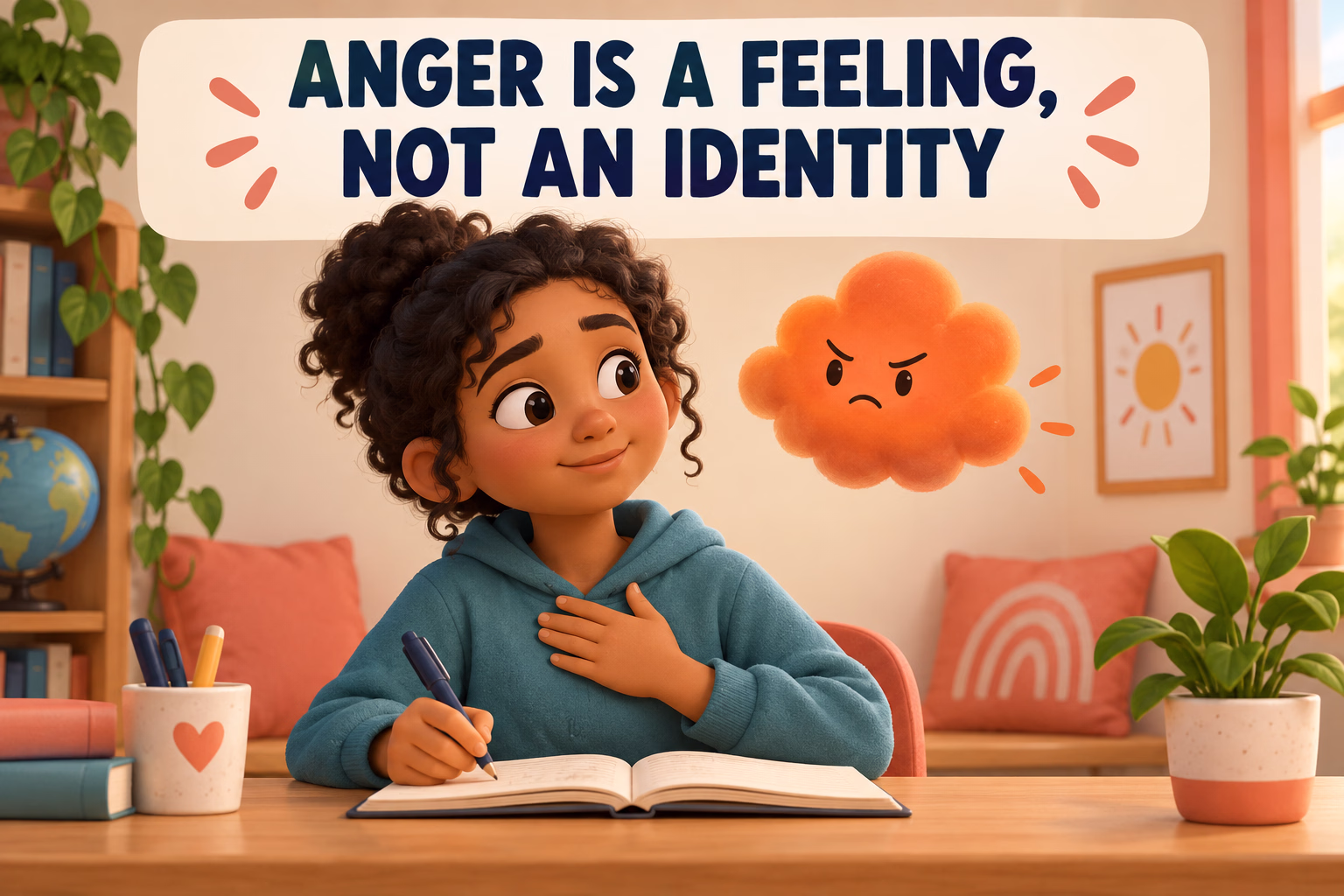 A person notices an orange feeling cloud while journaling, beneath the label Anger is a feeling, not an identity.