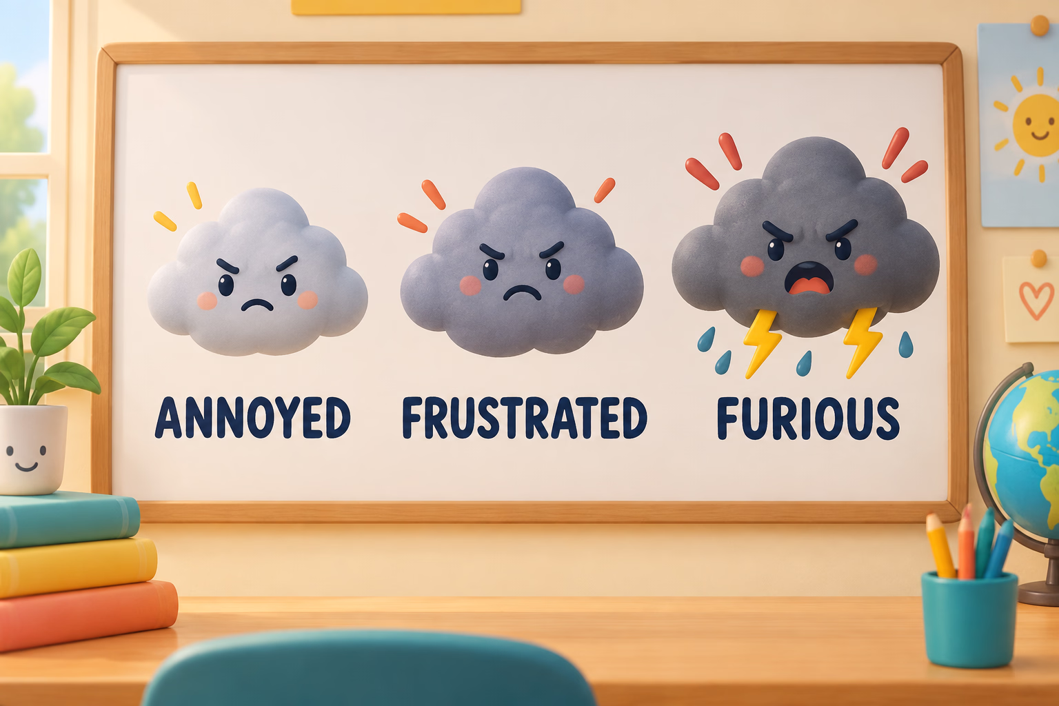 Three weather icons illustrate the words annoyed, frustrated, and furious as choices for different intensities.