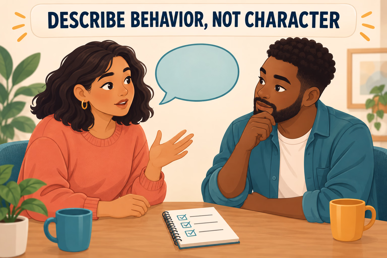 Two people have a calm conversation with a checklist, beneath the label Describe behavior, not character.