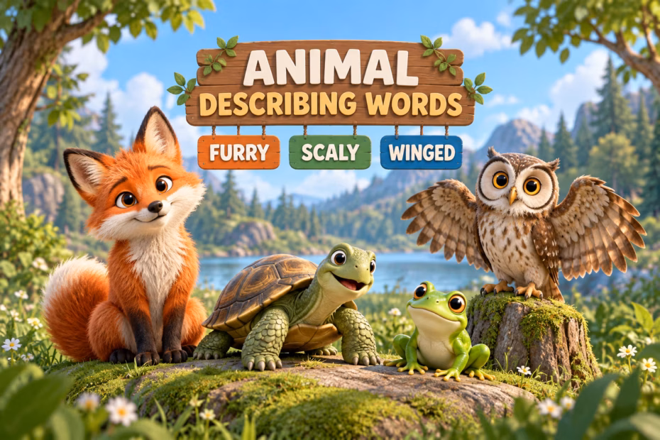 Animated woodland scene with a fox, owl, turtle, and frog beneath animal-description labels furry, scaly, and winged