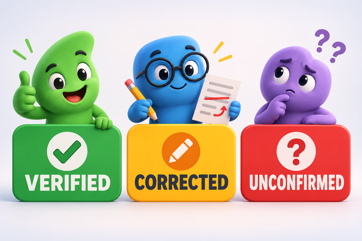 Three editorial labels—verified, corrected, and unconfirmed—illustrated by cartoon mascots.