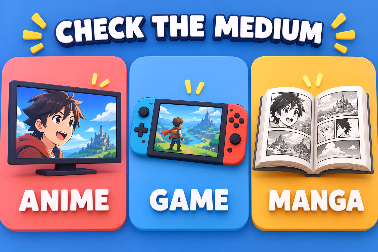 Infographic showing anime, video games, and manga as different media to check when verifying X-named characters.
