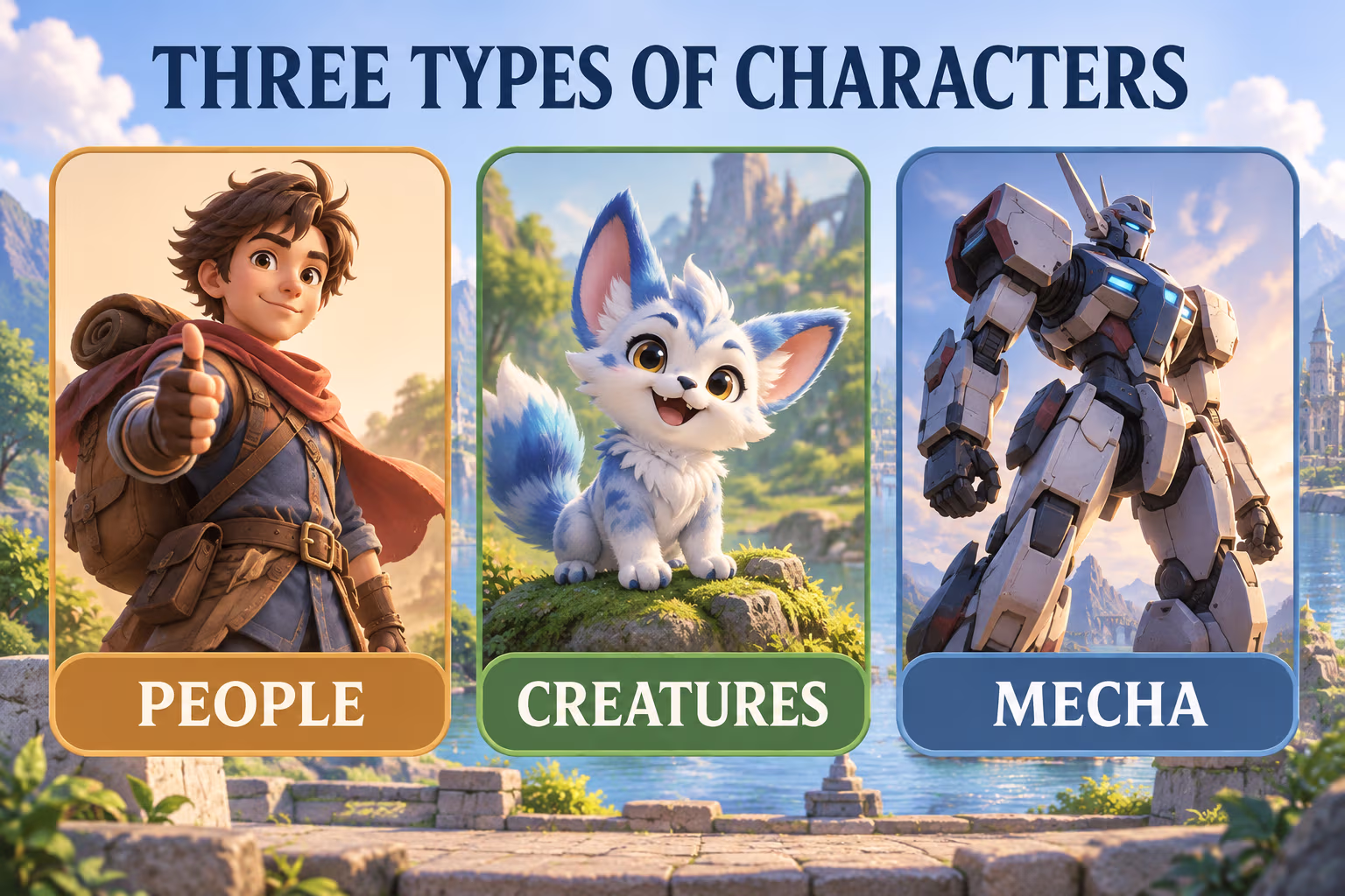 Infographic titled Three Types of Characters, with original cartoon examples labeled People, Creatures, and Mecha