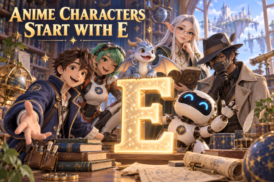 Original 3D illustration of original fantasy and science-fiction characters gathered around a glowing letter E beneath the title Anime Characters Start With E