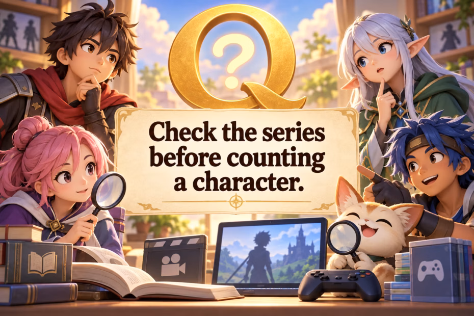 Four original 3D cartoon anime-inspired archetypes around a Q, with the teaching text: Check the series before counting a character.