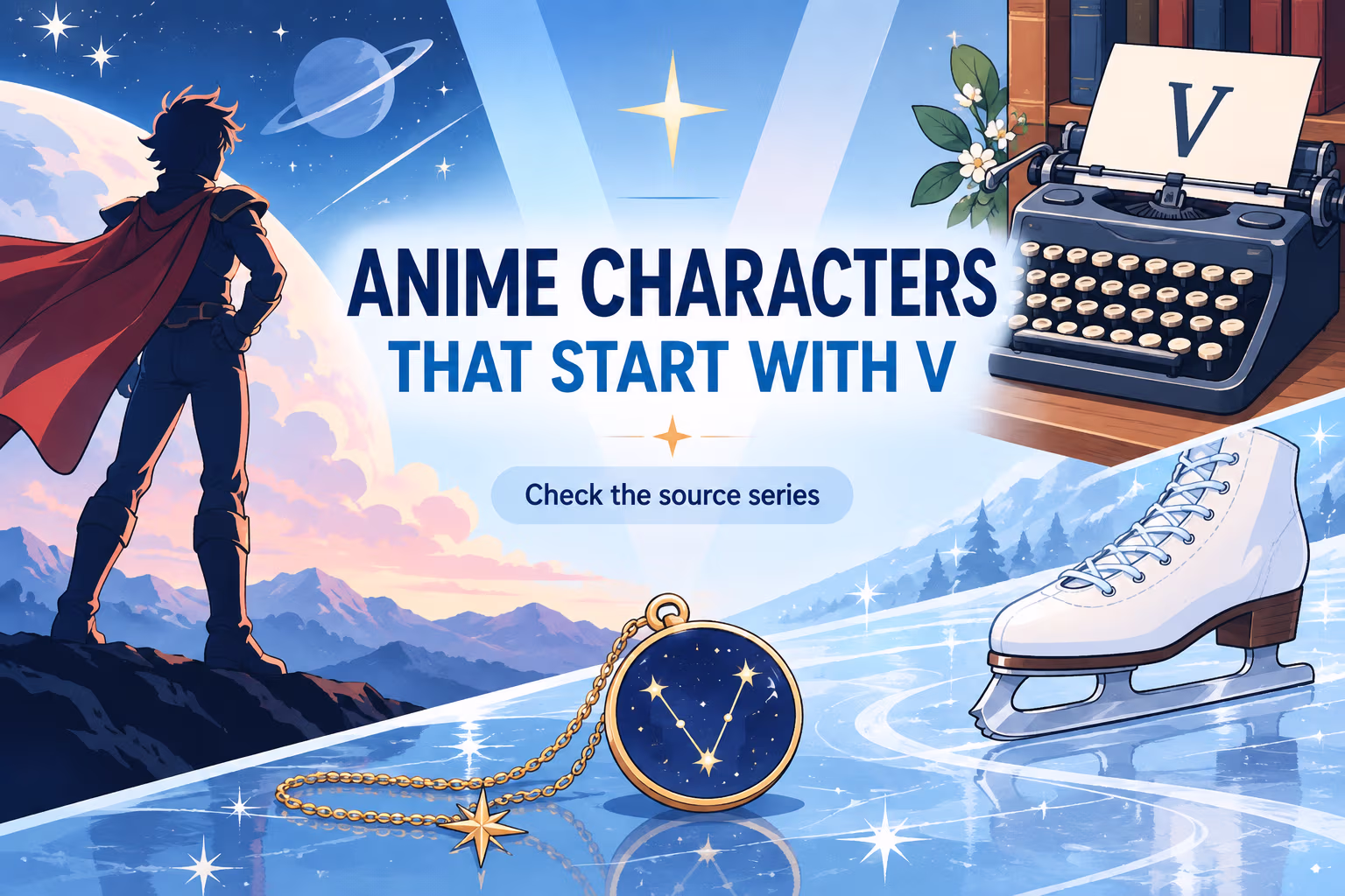 Illustrated anime V-name article cover with a letter V, space-warrior silhouette, typewriter, ice skate, and star-map charm