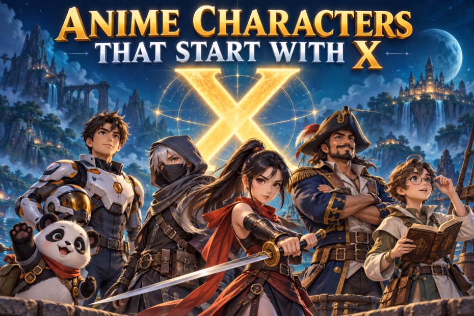 Cartoon feature artwork titled Anime Characters That Start With X, with original anime-inspired archetypes around a glowing X.