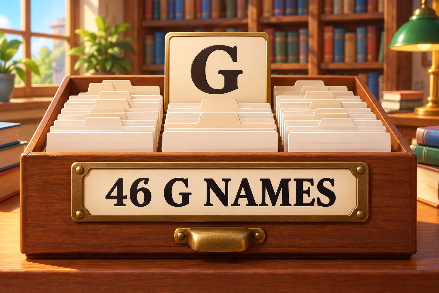 A card index beneath a large G represents the 46 non-empty names in the quick-reference table. Text: 46 G names.